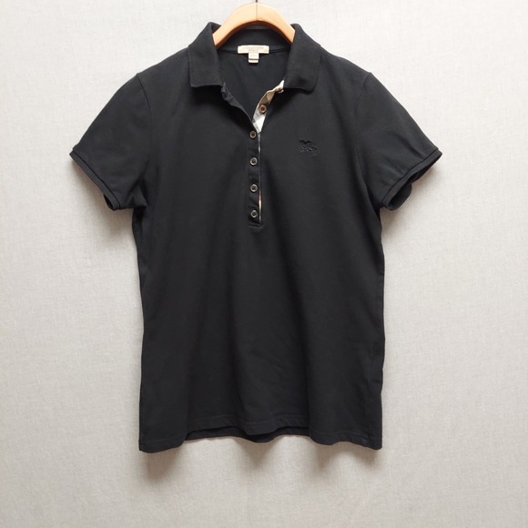 Burberry Brit Women L Black Pique Polo Shirt Nova Check Placket Equestrian Logo - Picture 2 of 14